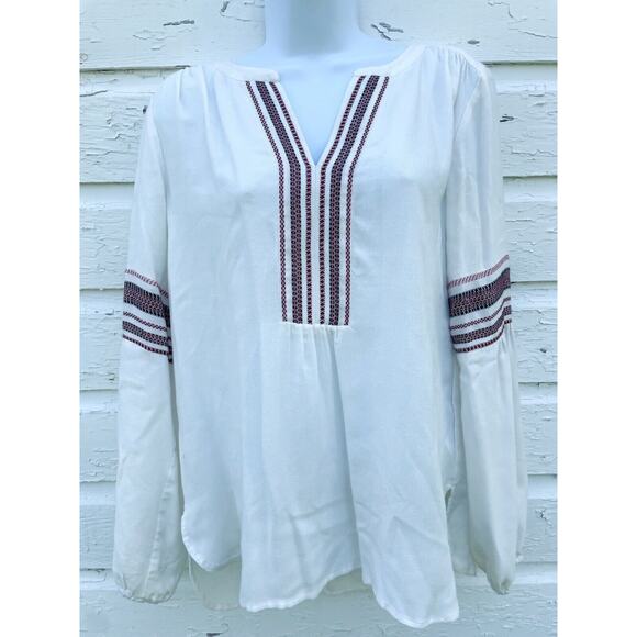 LOFT Blouse Top Womens XS Ivory Peasant V-Neck Boho Embroidery Bloused Sleeves - Picture 1 of 6